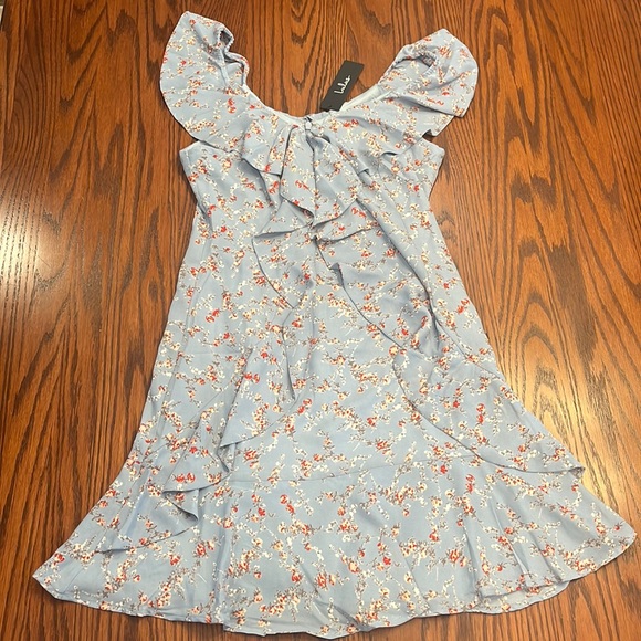 Lulu’s Radiant Rosa Light Blue Floral Print Ruffled Mini Dress - Picture 3 of 7